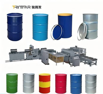 Linea di produzione automatica per saldatura di fusti in acciaio da 200 litri. Questa linea di produzione è inoltre dotata di un robot di impilamento automatico, che consente il funzionamento automatizzato. La fabbrica può vendere direttamente i prodotti.